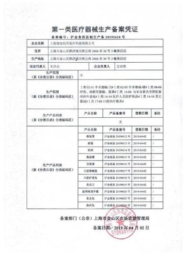 上海健加创升-第一类医疗器械生产备案凭证